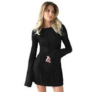 AOWVUTS Femme Robe Mini à Manches Longues Col Rond Noir Sexy Moulante Bodycon Club Robe pour Fête Bureau Automne Hiver