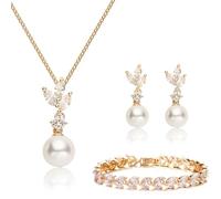 AOWVUTS Lot de 3 Bijoux en Perles Artificielles Pendentif Mariage Collier de Mariée Boucle d'oreille et Bracelet avec Zircon Ensemble Strass Cristal de Bijoux Parures de Fiançailles Mariage Soirée