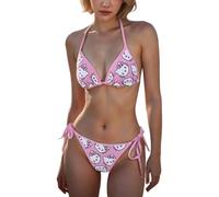 AOWVUTS Maillot de Bain Femme 2 Pieces Sexy Bikinis Kitty Chat Maillot Deux Pièces Réglable Ficelle Bandeau Triangle Ensemble Bikini Halter Top et de Plage Bas de Bikini Rembourré Swimwear Beachwear