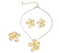 AOWVUTS Parure de Bijoux Femme Boucles d'oreilles Grandes Fleur Collier Pendentif Fleur Romantique Bague Métal Fleur Élégant Ensemble de Bijoux Bohème Pétale Bijoux Cadeau pour Femmes Filles (Cuivre)