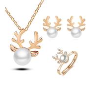 AOWVUTS Parures de Bijoux de Noël Femme Renne Perle Ensemble de Bijoux Noël Collier Boucle d'oreille Bague avec Des Strass Cadeaux de Noel pour Jolie Fille Saint-Valentin