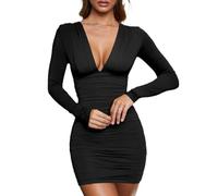 AOWVUTS Robe Chic et Glamour Bodycon Slim Fit Noir Dress pour Femme Mini Robe Courte Moulante Manches Longues Cocktail Party Élégant