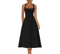 AOWVUTS Robe de Cocktail Femme Robes Longue Chic et Elégant sans Manches Maxi Robe Sexy à Col Carré Robes Unie A-Line Swing à Plis de Taille pour Fête Soirée Mariage Bal Promo Cérémonie