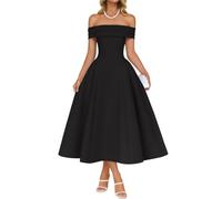 AOWVUTS Robe de Cocktail pour Femme Maxi Robe Sexy à Épaules Dénudées Robes Longue Chic et Elégant Robes Vintage A-Line Swing à Plis pour Fête Soirée Bal Promo Cérémonie Mariage Invité