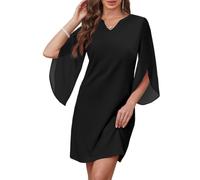 AOWVUTS Robe de Cocktail pour Femme Midi Robes en Mousseline Manches 3/4 Robe Courte Chic et Élégante Col en V Robes Unie A-Line Coupe Ample de Mariée pour Fête Soirée Mariage Bal Promo