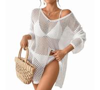 AOWVUTS Robe de Plage Femme Sexy V-Cou Bikini Cover Up Cache Chemise Plage avec Ouverture Cache Maillot de Bain Plage Crochet Été Plage Couvrir À Manches Longues Bohème Beachwear