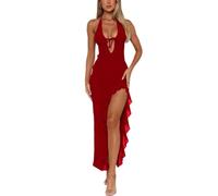 AOWVUTS Robe de Soiré Sexy Femme Robes Longue sans Manches Col en V Profond Maxi Robe Moulante Dos Nu Bodycon Élégante Robes à Volants avec Fendue pour Clubbing Nuit Cocktail Fête Bal de Promo
