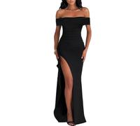 AOWVUTS Robe de Soirée Cocktail Longue Sexy Slim Bodycon Epaules Dénudées Fendue Maxi Élégant Couleur Unie pour Femme - Tenue de Fête Gala Mariage Party Bal