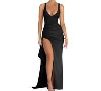 AOWVUTS Robe de Soirée Longue pour Femme Robes Cocktail Sexy sans Manches Maxi Robe Col en V Bretelles Spaghetti Chic Élégante Robes Fendue Haute Moulante pour Bal Mariage Party Gala Promo