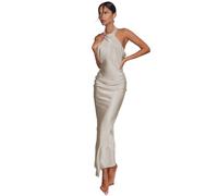 AOWVUTS Robe de Soirée Longue Sexy en Satin - Élégante Col Halter Maxi Slim Sans Manches Chic pour Cocktail, Promo, Bal