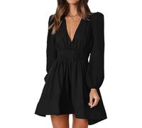 AOWVUTS Robe Décontractée Femmes à Manches Longues Mini Robe Casual Col en V Taille Haute Robes Chic et Elegant Manches Lanternes Robes Courte Swing A-Ligne pour Fête Nuit Cocktail Mariage
