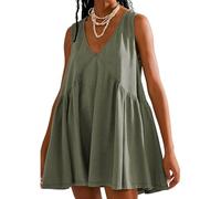 AOWVUTS Robe d'été pour Femme Robe Décontracté sans Manches Mini Robe Col en V Robes de Plage Lâche Swing Robe Trapèze Chic et Elegant avec Poche Sun Jupe Fête Vacances
