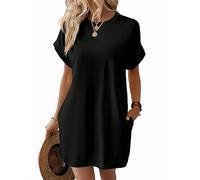 AOWVUTS Robe Ete Femme à Manches Courtes Décontracté T-Shirt Robe Chic Noir Ample Mini Robes avec Poches