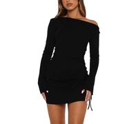 AOWVUTS Robe Femme Manches Longues Sexy Mini Robe Moulante Épaules Dénudées Robes Courte Chic et Elegant Cordon de Serrage Robes Fendue de Soirée Plis Slim Fit pour Cocktail Fête Clubbing Automne