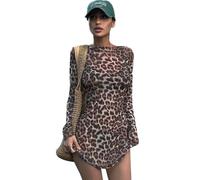 AOWVUTS Robe Femme Sexy à Manches Longues Mini Robes Motif Léopard Robe Courte Moulante Col Rond Chic Robe de Soirée Transparente Robe de Cocktail Casual Party Fête Clubwear
