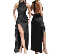 AOWVUTS Robe Femme Sexy Longue Robes Maxi Dos Nu Fendue en Satin Robe de Soirée sans Manches Col Halter Chic Et Elégant Robes de Cocktail Party Demoiselle d'honneur