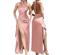 AOWVUTS Robe Femme Sexy Longue Robes Maxi Dos Nu Fendue en Satin Robe de Soirée sans Manches Col Halter Chic Et Elégant Robes de Cocktail Party Demoiselle d'honneur