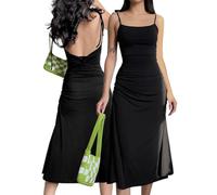 AOWVUTS Robe Femme Sexy Maxi Robe sans Manches Elégant Robes Longue Dos Nu Bodycon Robes à Spaghetti Bretelle Rob d'été Slim Fit Casual Rob de Soirée Party Cocktail Clubbing