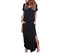 AOWVUTS Robe Longue Été Femme T-Shirt à Manches Courtes Col V Décontracté Ample Maxi avec Poches Couleur Unie de Plage Vacances