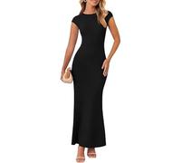 AOWVUTS Robe Longue Femme Maxi Robe Moulante Casual à Col Rond Robes Décontractée à Manches Courtes Élégante Sexy Robes D'été Couleur Unie Slim Fit Bodycon pour Cocktail Fête Club Disco