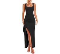 AOWVUTS Robe Longue Femme Maxi Robe sans Manches Moulante Sexy Robes à Bretelles Fendue Robes de Soirée à Col Carré Elégant Couleur Unie Bodycon Slim Fit pour Cocktail Party Clubbing Nuit