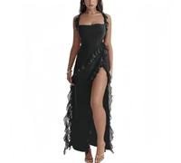 AOWVUTS Robe Longue Sexy pour Femme Maxi Robe sans Manches Elégant Robes Moulante D'éte Dos Nu Bodycon Robes Fendue de Soirée à Volants pour Clubbing Fête Cocktail Nuit Bal de Promo