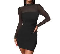 AOWVUTS Robe Moulante à Manches Longues Mesh pour Femmes Mini-Robe Col Roulé Hip-Hugging Sexy Wrap Robes Courte Crayon Bodycon Ruched Chic pour Soirée Cocktail Party Fête Club Bal Décontractée