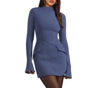 AOWVUTS Robe Moulante à Manches Longues pour Femmes Mini Robe Col Montant Élégante Robes Wrap Bodycon Sexy Robes Courte Soirée Party Fête Clubbing Cocktail Automne