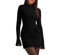 AOWVUTS Robe Moulante à Manches Longues pour Femmes Mini Robe Col Montant Élégante Robes Wrap Bodycon Sexy Robes Courte Soirée Party Fête Clubbing Cocktail Automne