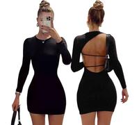 AOWVUTS Robe Moulante à Manches Longues pour Femmes - Noir - Taille L - Dos Nu - Col Rond - Wrap - Mini - Bodycon - Polyester - Pour Soirée Cocktail Party Fête Club Bal Décontractée