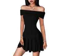 AOWVUTS Robe Sexy Femme Mini Robe de Soirée Épaules Dénudées Robes sans Manches Élégante A-Ligne Chic Robes Courte Bodycon Noir Ruched d'Été Décontractée pour Cocktail Party Fête Club