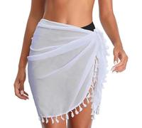 AOWVUTS Wrap de Plage de Femmes Sarong Couverture de Bikini Jupes Wrap Robe Courte Paréo de Plage Cache-Maillots Mini Jupe Transparente Maillot de Bain en Mousseline avec Franges