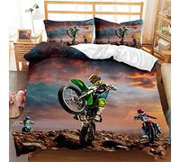 AOXHFNV Ensemble de Housse de Couette 3D Moto Motocross avec Taie d'oreiller pour Adolescents, Couette de Course de Moto, Sports Extrêmes (200 x 200 cm, Vert)