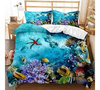 AOXHFNV Ensemble de literie avec tortues marines 135×200 cm Bleu thème du monde sous-marin avec étoiles de mer, petits poissons et motif de corail rouge pour enfants garçons filles (étoile de mer)