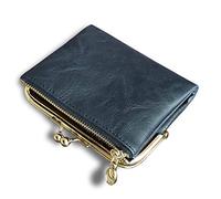 AOXONEL Womens Wallet Small RFID Ladies Compact Bifold Leather Vintage Coin Purse with Zipper and Kiss Lock (Bleu)