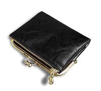 AOXONEL Womens Wallet Small RFID Ladies Compact Bifold Leather Vintage Coin Purse with Zipper and Kiss Lock (Noir)