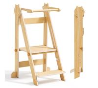 Aoykkii Tour d'apprentissage Pliable Réglable en Hauteur sur 2 étages,Tour d Observation Enfant de 1 à 6 Ans pour Enfants Montessori Learning Bois Naturel Kitchen Helper Sécurité (Couleur du Bois)