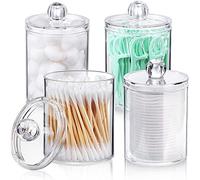 AOZITA Lot de 4 distributeurs de cotons-tiges pour boules de coton, cotons-tiges, tampons ronds, fil dentaire - Pot d'apothicaire en plastique transparent de 283,5 g pour salle de bain, organisateur