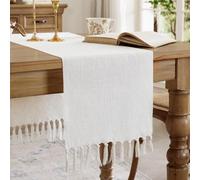 Aoztio Chemin de Table Blanc Cassé, Style Boho en Lin-Coton 33 x 275 cm | Lavable en Machine, Franges Faites à la Main, pour Repas de Fête, Anniversai, Mariage, Usage Quotidien