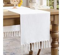 Aoztio Chemin de Table Blanc, Style Boho en Lin-Coton 33 x 230 cm | Lavable en Machine, Franges Faites à la Main, pour Repas de Fête, Anniversai, Mariage, Usage Quotidien