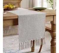 Aoztio Chemin de Table Café Léger, Style Boho en Lin-Coton 33 x 180 cm | Lavable en Machine, Franges Faites à la Main, pour Repas de Fête, Anniversai, Mariage, Usage Quotidien