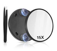 AOZUO Miroir grossissant de voyage, miroir de maquillage rond 15x avec 2 ventouses et pince à épiler, kit pour enlever les points noirs et les imperfections (noir)