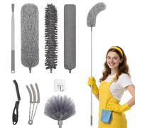 Apasiri Plumeau Microfibre Kit Télescopique - 8 Pièces, Manche Extensible, Lavable & Têtes Pliables, pour Ventilateurs de Plafond, Stores, Intérieur Voiture, Meubles, Nettoyage Haut
