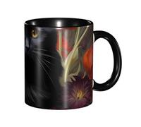 Apbdffjnf Tasses à café en céramique avec poignée pour le bureau et la maison, 325 ml, motif chat noir et fleur