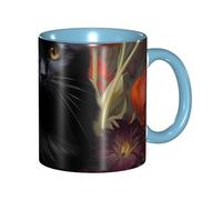 Apbdffjnf Tasses à café en céramique avec poignée pour le bureau et la maison, motif chat noir et fleur, 325 ml, bleu ciel