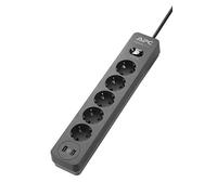 APC PME5U2B-GR Surge Protector Bloc multiprise avec protection contre les surtensions 5 prises Schuko commutables 2 sorties USB Noir