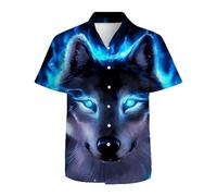 ApCuYf Chemise hawaïenne boutonnée à manches courtes pour homme Motif 3D Tropical Vacances Plage Aloha, Lce Blue Wolf, XL