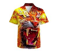 ApCuYf Chemise hawaïenne boutonnée à manches courtes pour homme Motif 3D Tropical Vacances Plage Aloha, Tigre du feu., 3XL