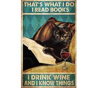Aperiy Plaque en métal avec inscription « Cat and Books That's What I Do I Read Books I Drink Wine and I Know Things » - Décoration murale en PVC rigide - 29 x 22 cm