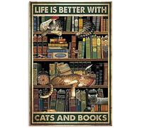 Aperiy Plaque en métal « The Life of A Book Lover is Due to Books and Cat » - Décoration murale - 20,3 x 30,5 cm